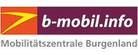 Logo von b-mobil.info, Mobilitätszentrale Burgenland, mit stilisiertem Pfeil und violett-rotem Farbschema.