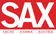Logo von SAX, Sachs aus Wien, Österreich, mit starkem roten Hintergrund und weißem Text.