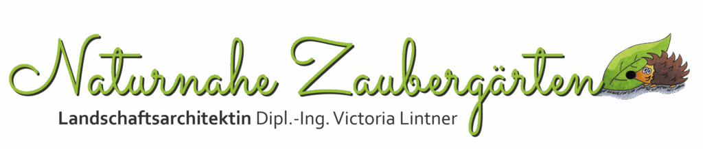 Logo der Landschaftsarchitektin Victoria Lintner mit grünem Schriftzug und Igel-Illustration auf einem Blatt.
