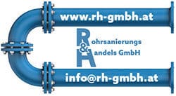 Logo der Rohrsanierungs Handels GmbH mit blauer Rohrgrafik und Kontaktinformationen.