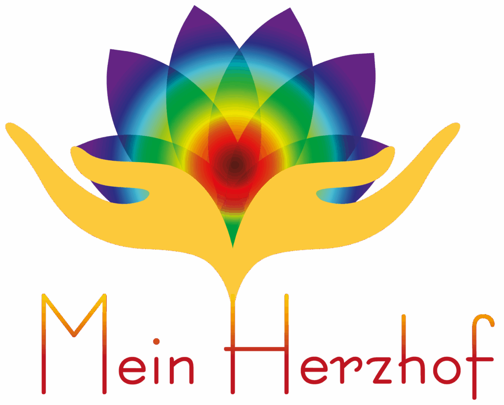 Buntes Logo von Mein Herzhof mit farbiger Lotusblume und goldenen Händen, symbolisiert Kreativität und Achtsamkeit.