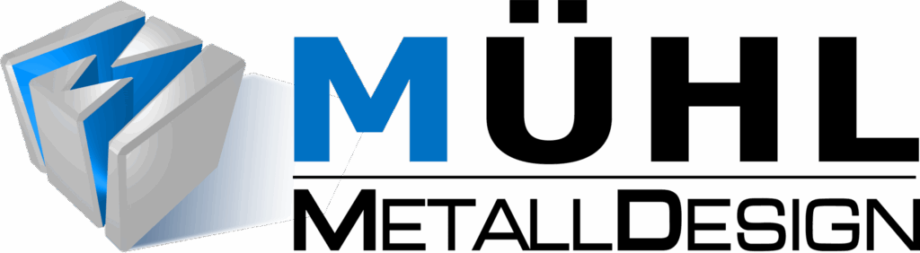 Logo von Mühl Metal Design mit dreidimensionalem blauen und silbernen Symbol für kreative Metalllösungen, Oberwart, Burgenland.