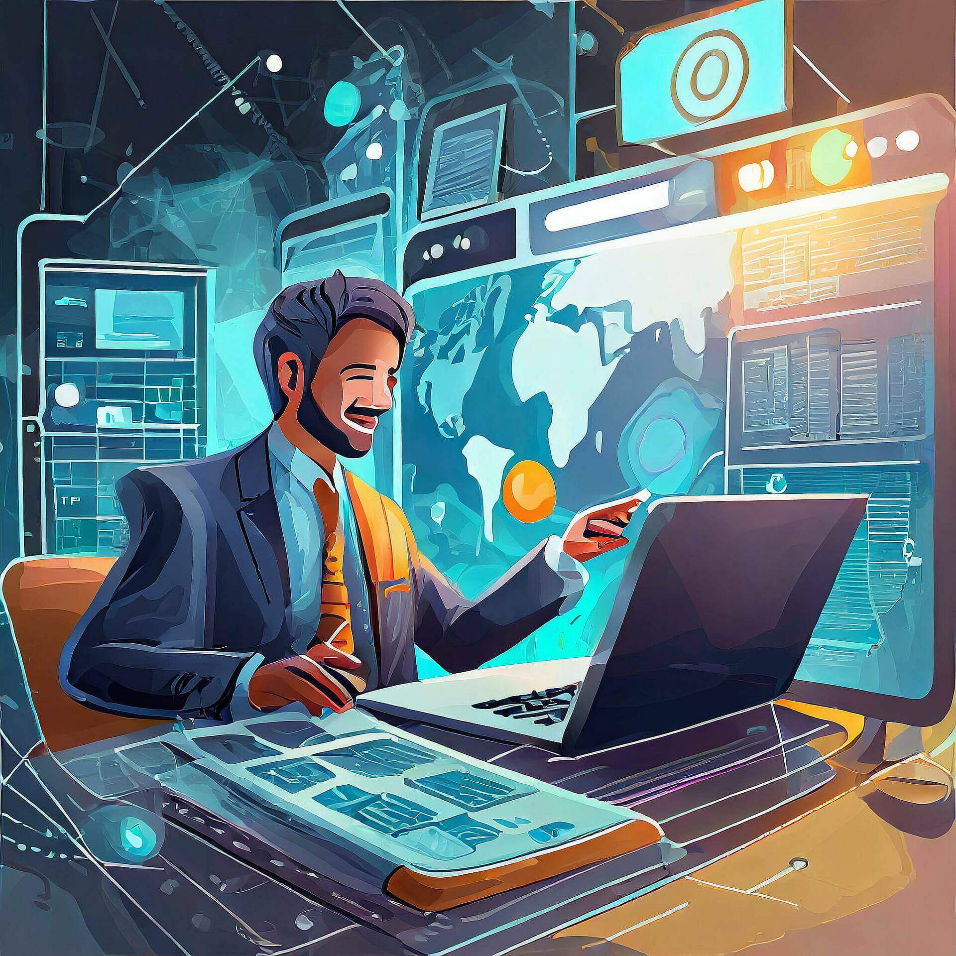 Mann arbeitet an Laptop mit Datendiagrammen und Weltkarte, symbolisiert globale Datenanalyse und Technologieinnovation.