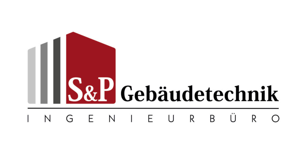 Logo von S&P Gebäudetechnik Ingenieurbüro, gezeigt durch ein rotes und graues Gebäudesymbol und den Firmennamen in Schwarz.