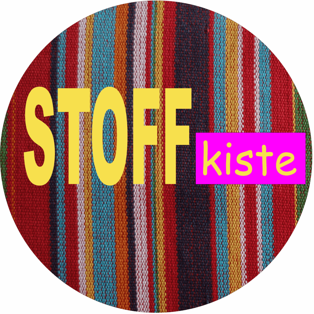 Bunter Stoffhintergrund mit dem Schriftzug STOFFkiste in gelb und pink, kreatives Design für Textilien-Shops.