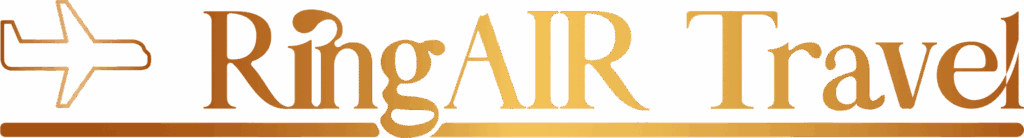 Goldenes Logo von RingAIR Travel mit stilisiertem Flugzeugsymbol, passend für Reise- oder Web-Agenturen in Oberwart.