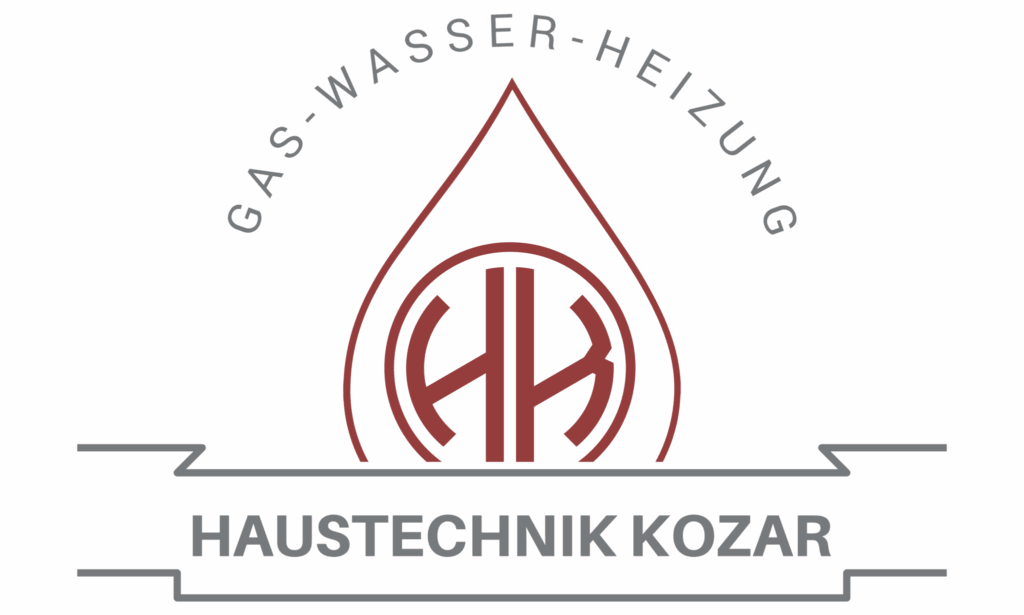 Logo von Haustechnik Kozar mit rotem Wasser-Heizung-Tropfen und Initialen HK, spezialisiert auf Gas, Wasser, Heizung.