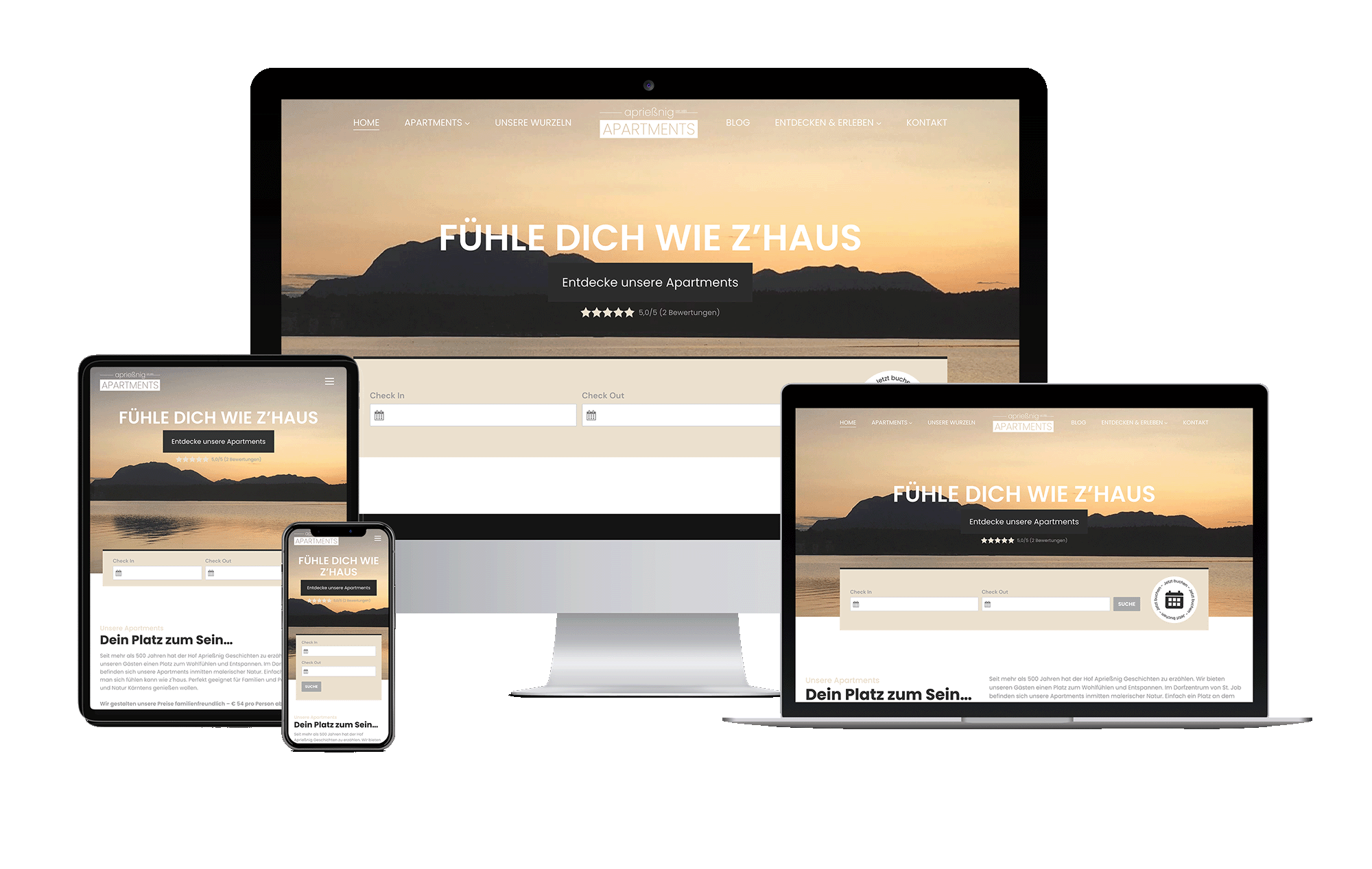 Responsive Website Design für Apartments mit Buchungsfunktion in Sonnenuntergangs-Szenerie, gezeigt auf verschiedenen Geräten.
