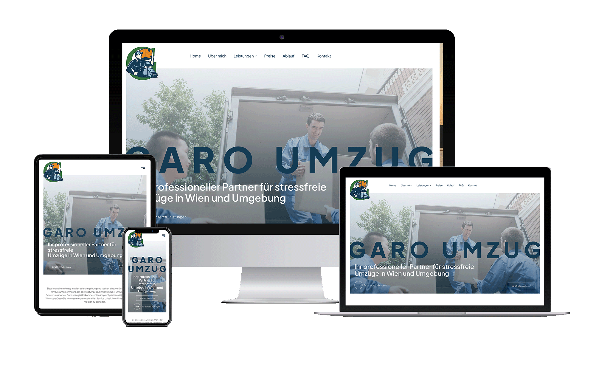 Responsive Webseite von Garo Umzug auf verschiedenen Geräten, spezialisiert auf Umzüge in Wien und Umgebung.