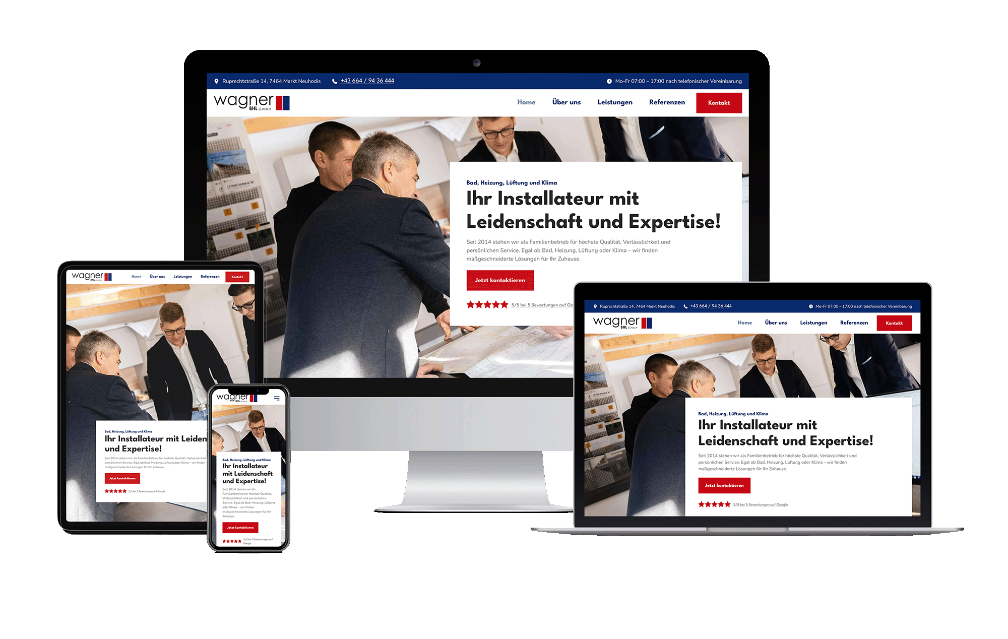 Responsives Webdesign von Wagner GmbH auf Desktop, Tablet und Smartphone mit Installateur-Serviceangebot.