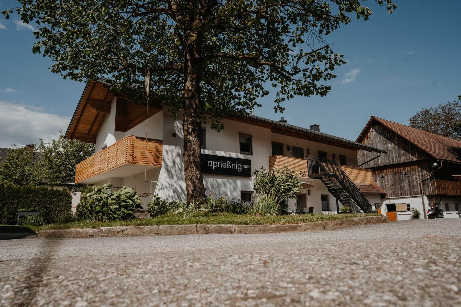Modernes Gästehaus mit Holzveranda und großem Baum, ländliches Ambiente unter blauem Himmel.
