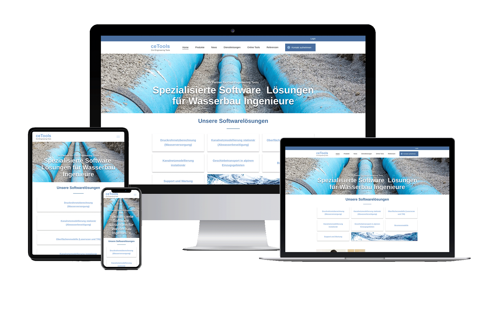 Responsive Website von c-Tools für Wasserbau-Ingenieure, gezeigt auf Smartphone, Tablet und Computerbildschirm.