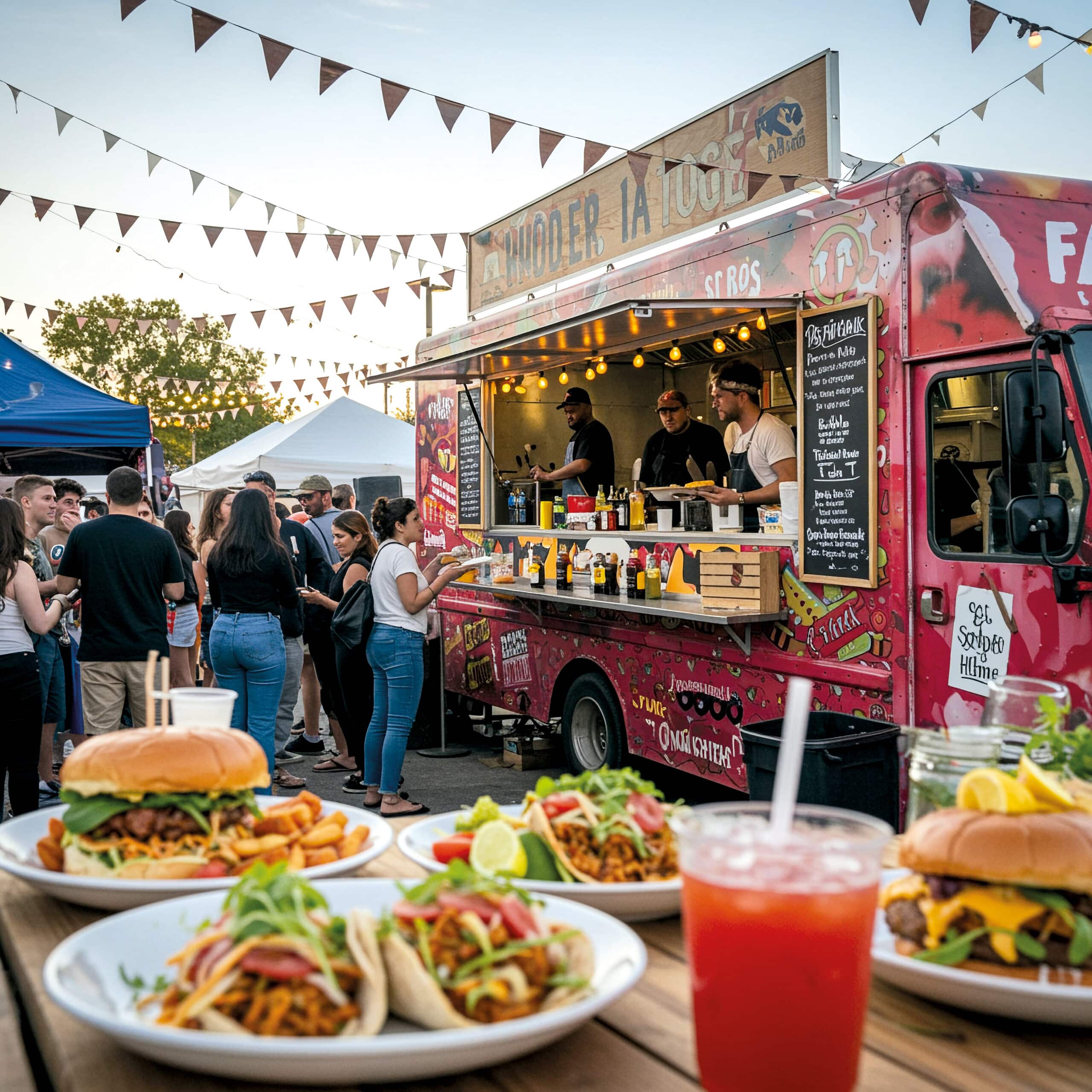 Foodtruck-Festival mit Burgern, Tacos und Getränken bei Sonnenuntergang. Menschen genießen das vielfältige Streetfood-Angebot.