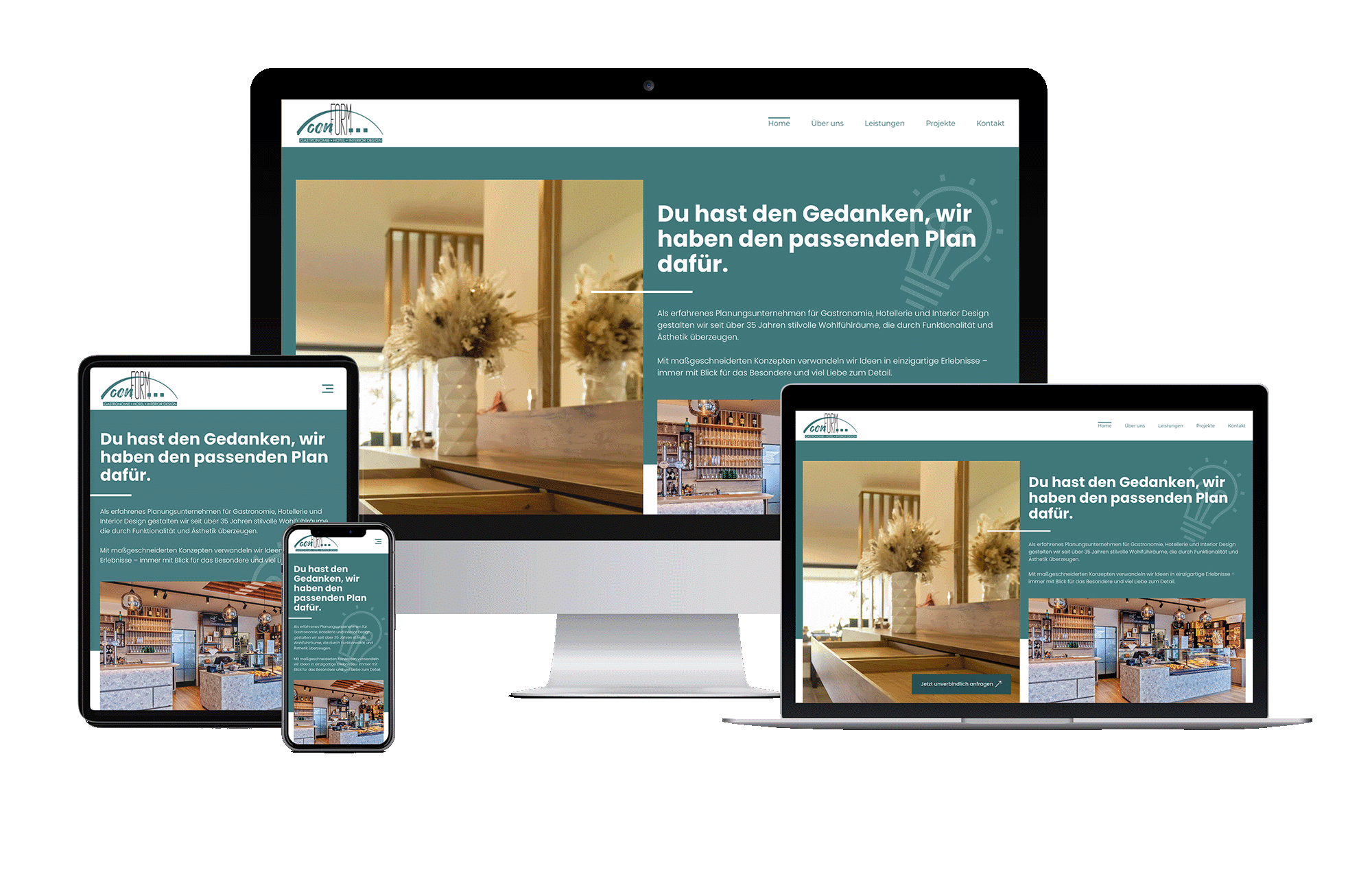 Responsive Webdesign für Gastronomieplanungsfirma auf Smartphone, Tablet, Laptop und Desktop-Computer.