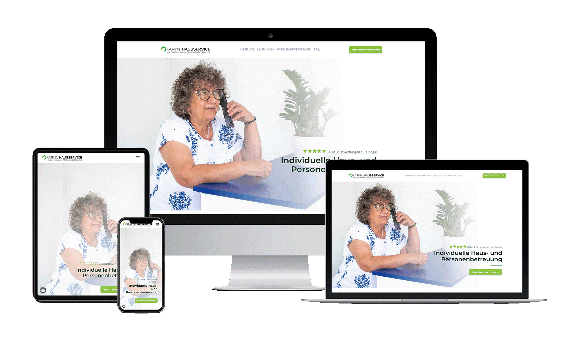 Benutzerfreundliches Webdesign für Karins Hausservice auf Smartphone, Tablet und Computer-Displays.