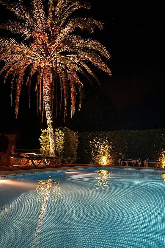 Beleuchteter Pool bei Nacht neben einer Palme, umgeben von Liegestühlen, schafft eine entspannte Atmosphäre.