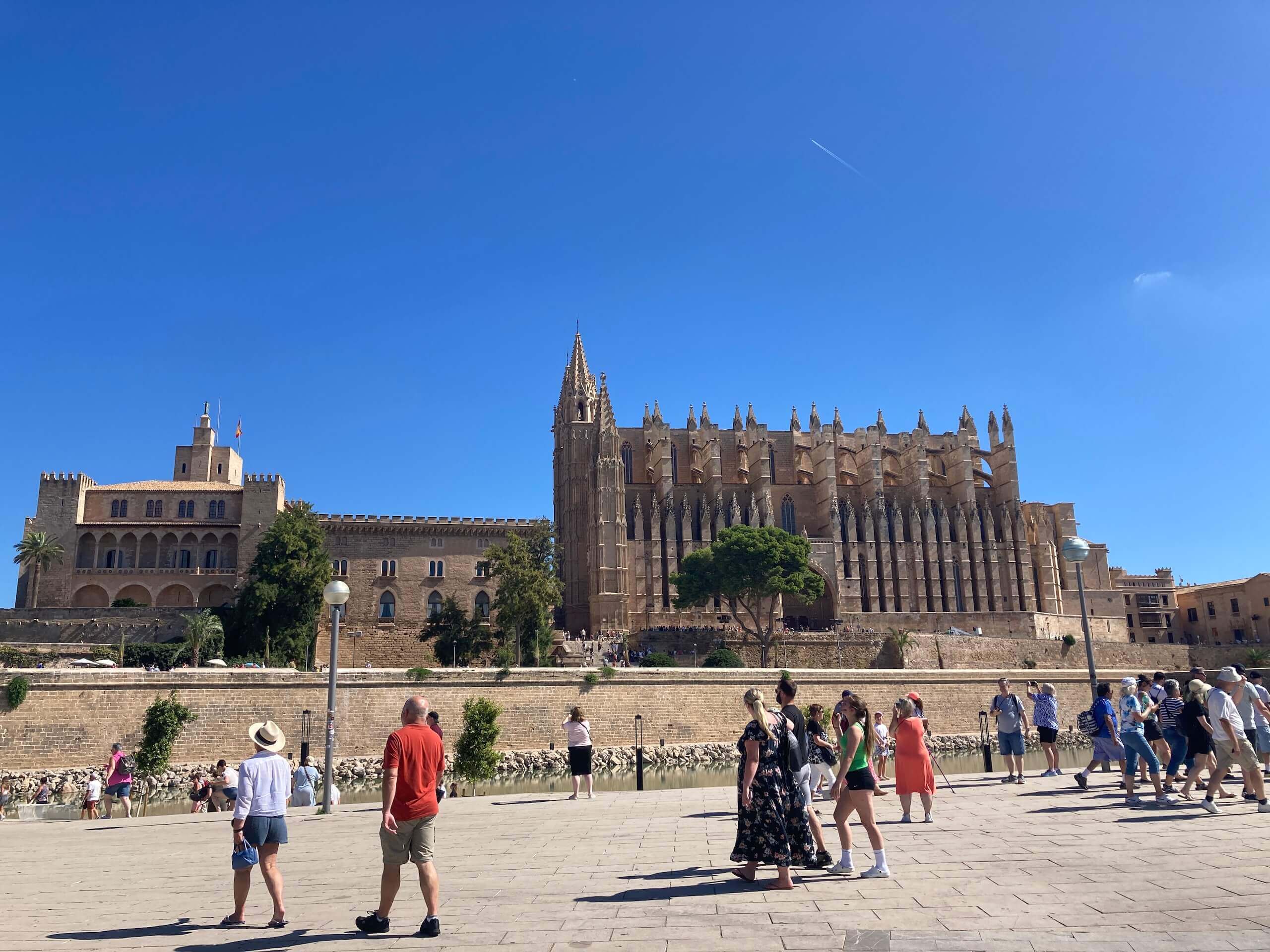 Touristen vor der majestätischen Kathedrale von Palma de Mallorca an einem sonnigen Tag.