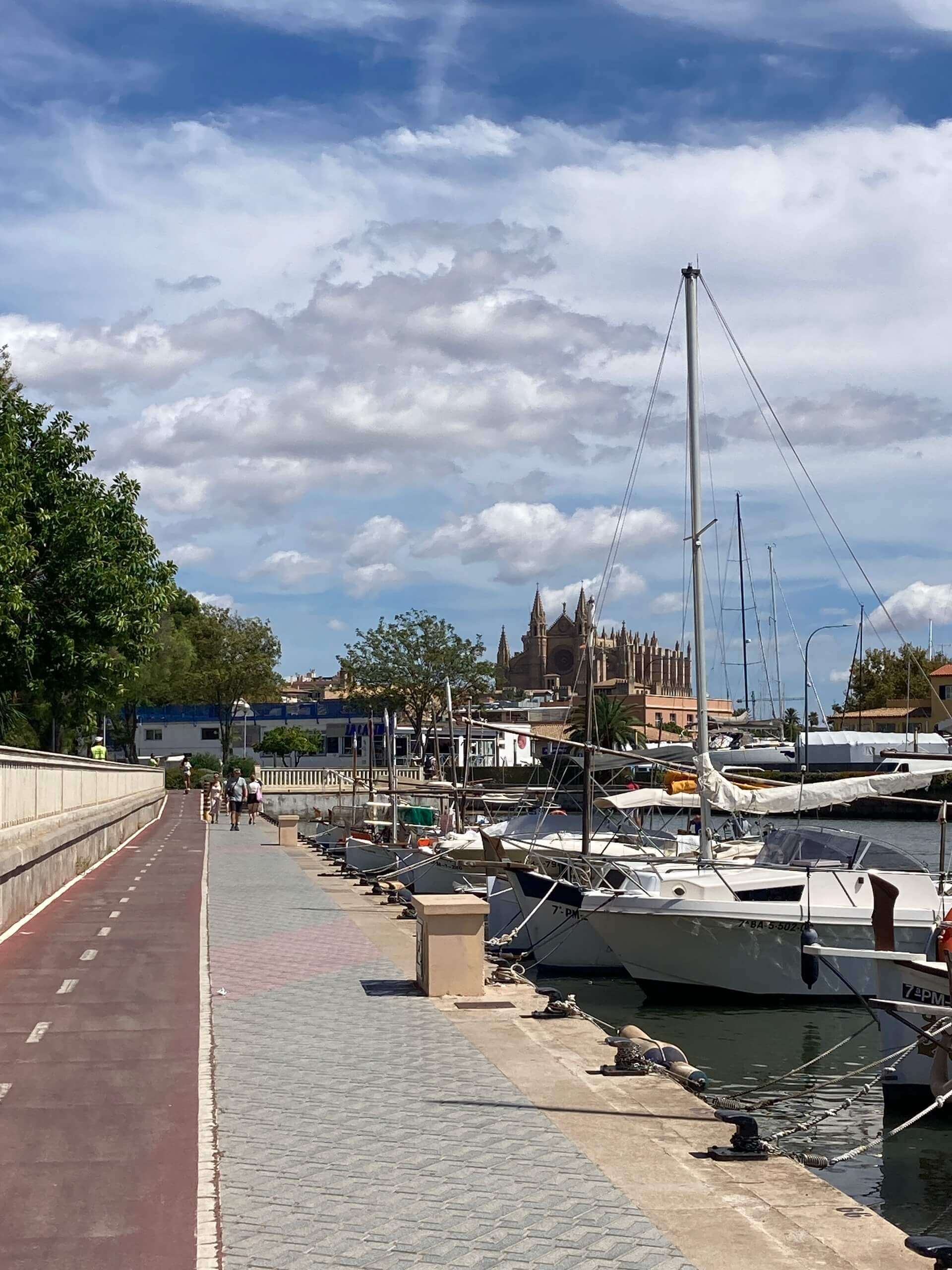 Hafenpromenade mit Booten, sichtbare Kirche im Hintergrund. Perfekte Umgebung für inspirierendes Webdesign bei Webschmiede.