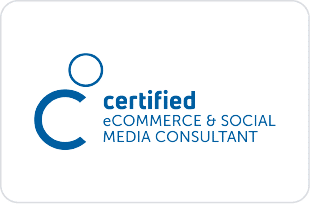 Certified E-Commerce & Social Media Consultant Logo auf weißem Hintergrund, dargestellt von Webschmiede, WordPress Agentur.