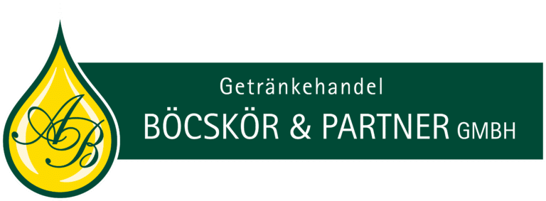 Logo des Getränkehandels Böcskör & Partner GmbH mit gelbem Tropfen und grüner Schrift auf weißem Hintergrund.