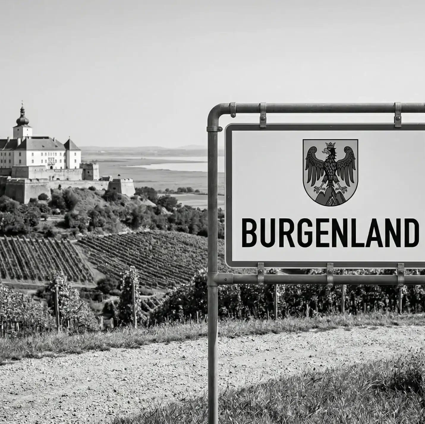 Gemini generiertes Burgenland-Schild vor malerischer Landschaft mit historischem Schloss und Weinbergen im Hintergrund als Symbolfoto für die WordPress Agentur Burgenland.