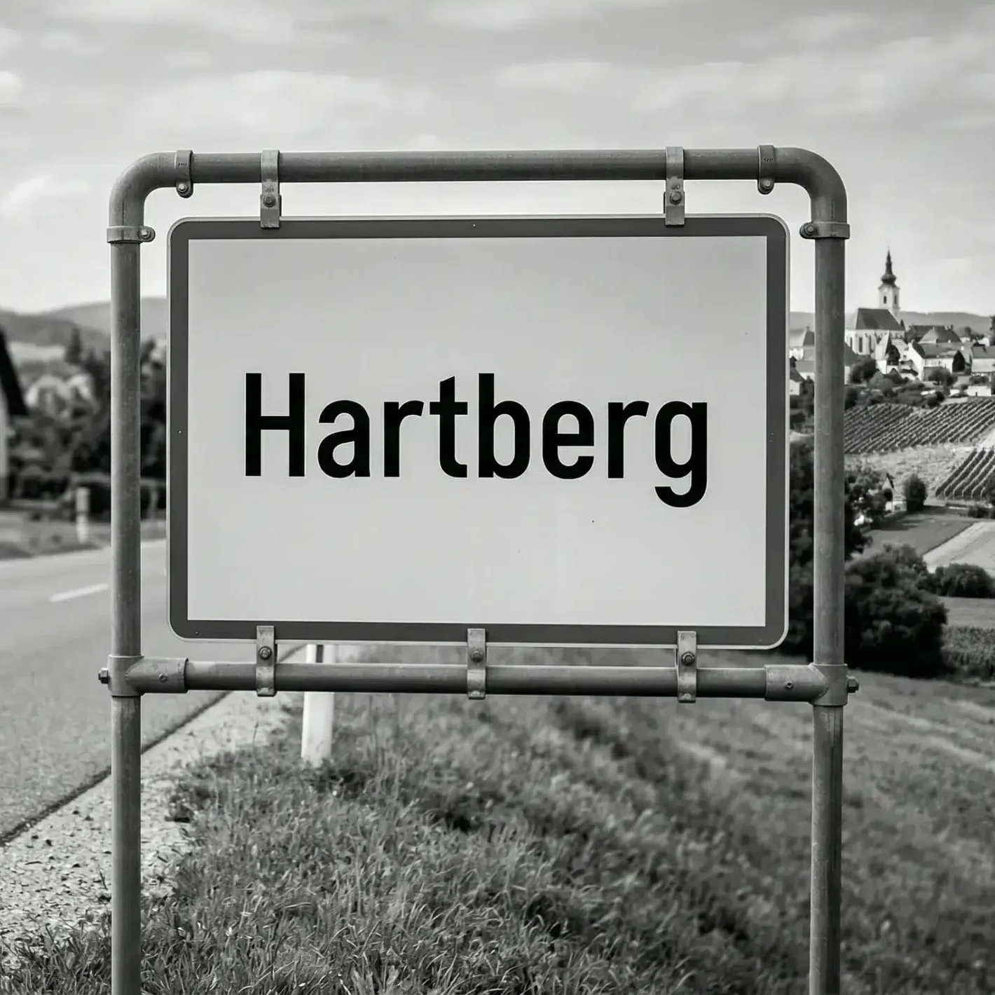 Ortsschild von Hartberg vor Landschaft mit Feldern und Gebäuden, symbolisch für regionale Projekte der Webschmiede WordPress Agentur Hartberg.