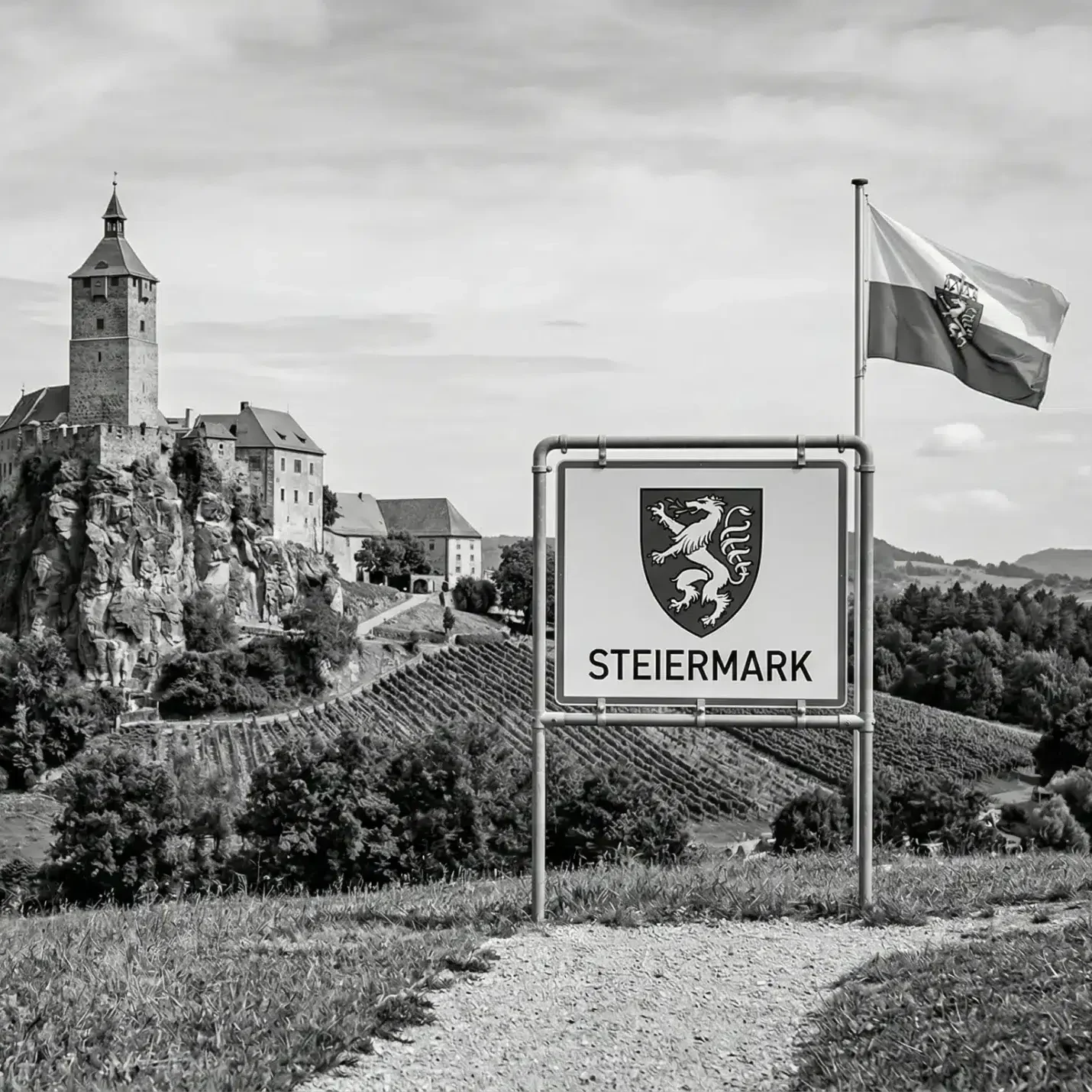 Burgruine auf Hügel in ländlicher Landschaft von Steiermark, mit Schild und Flagge im Vordergrund als KI generiertes Foto für die WordPress Agentur Steiermark.