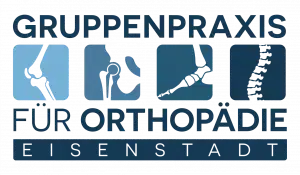 Logo der Gruppenpraxis für Orthopädie mit blauen Symbolen für Gelenke und Wirbelsäule, Text in klarer, moderner Schrift.